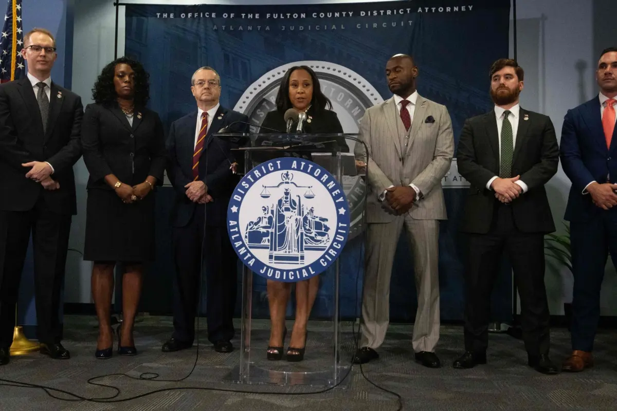 Fulton County District Attorney Fani Willis holds a press conference in the Fulton County Government Center after a grand jury voted to indict former President Donald Trump and 18 others in Atlanta, Ga., on Aug. 14, 2023.